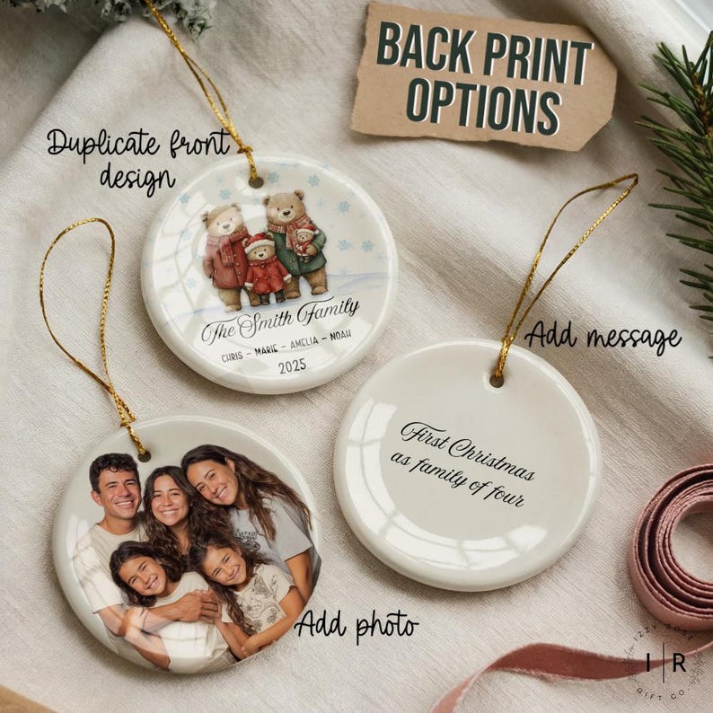 a set of ceramic ornaments, including two round ornaments with a family photo and a back print option for adding a message.