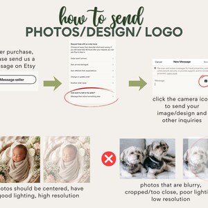 The image is a step-by-step guide on how to send photos/design/logo to someone, with a list of instructions and a button for sending a message.