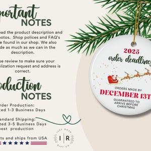 The image is a promotional image for a Christmas ornament, featuring a pine tree branch with a Santa Claus ornament hanging from it. The image also includes text providing information about the ornament, such as the order deadlines and production details.