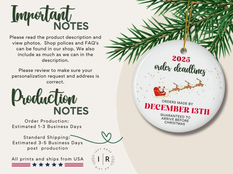 The image is a promotional image for a Christmas ornament, featuring a pine tree branch with a Santa Claus ornament hanging from it. The image also includes text providing information about the ornament, such as the order deadlines and production details.