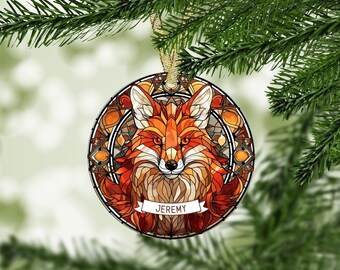 Stained Glass Fox christmas Ornament Christmas  Decor Customized Gift, Christmas Tree Round Ceramic Decor Personalize Keepsake Ornament