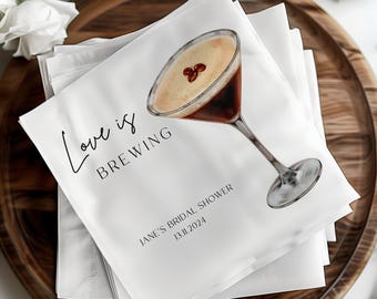 Love is Brewing Cocktail Napkins, Custom Espresso Wedding Bar Napkins, Bridal Shower Decor, Engagement Party Bachelorette Luncheon Napkin