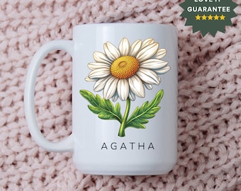Birth Flower Mug Personalized Daisy Flower Mug, Custom Name Coffee Cup, Birthday Floral Gift, Unique Hand-Drawn Daisy Tea Mug for Her