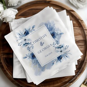 Custom Blue Wedding Cocktail Napkins, Custom Blue Bridal Shower Beverage Napkin Engagement Party Favors, Floral Bachelorette Napkins