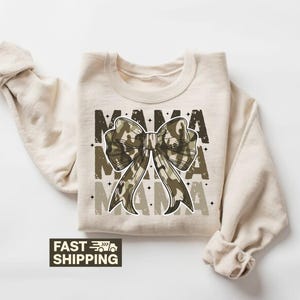 Mama Camo Bow T-Shirt, Sweatshirt, Hunting Season Apparel, Camouflage Lover Gift, Camo Shirt, Mother&#39;s Day T-Shirt, Trendy Mama Tee