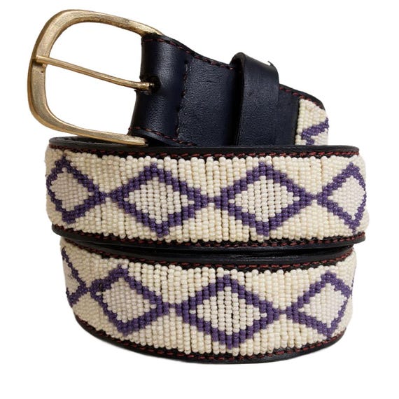 Maasai Beaded Leather Belt – Ivory Gray Geometric, African  display picture 1