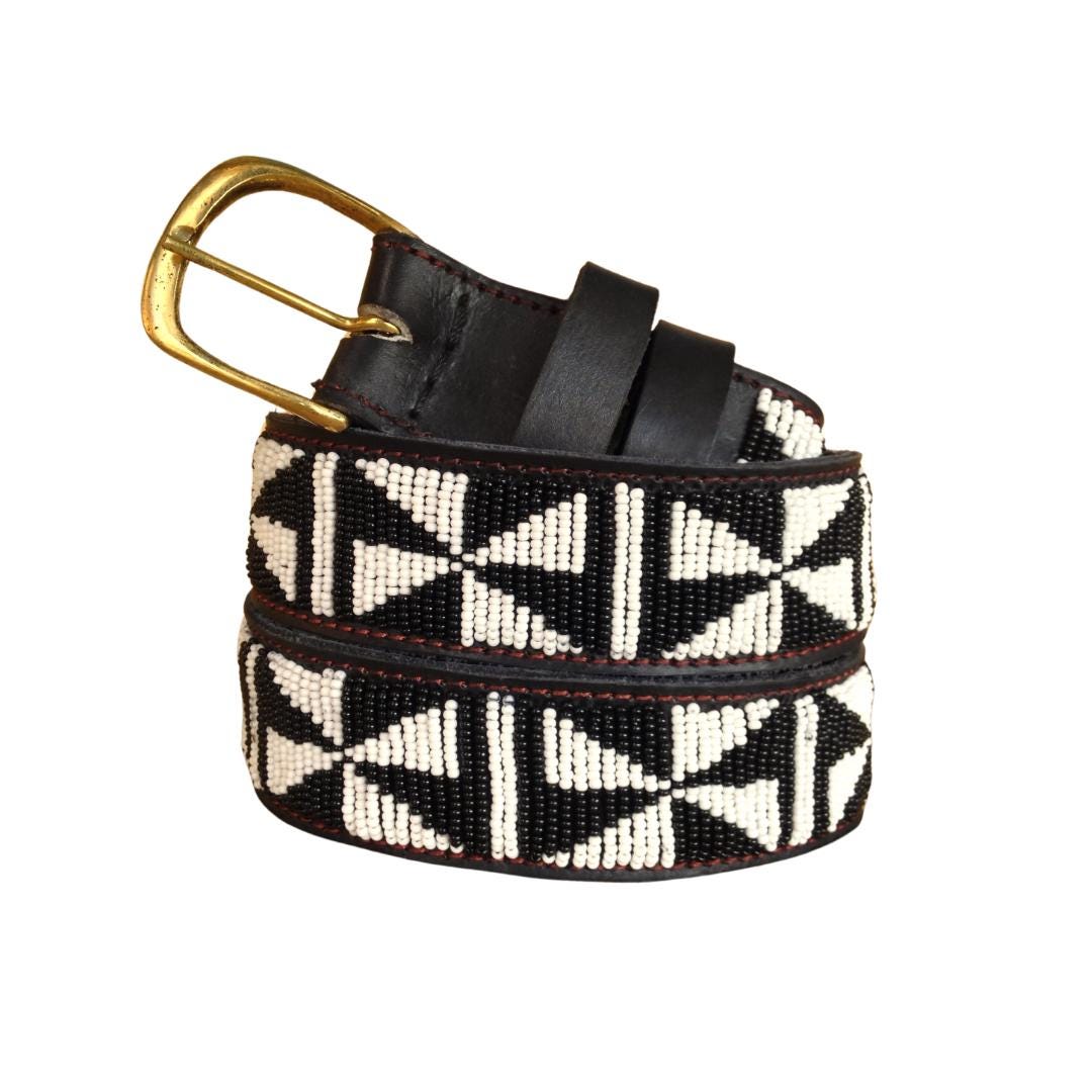Black and White Geometric Tribal Print Belt NWOT Handmade Maasai Beaded Leather Belt – Black & White  main image 2