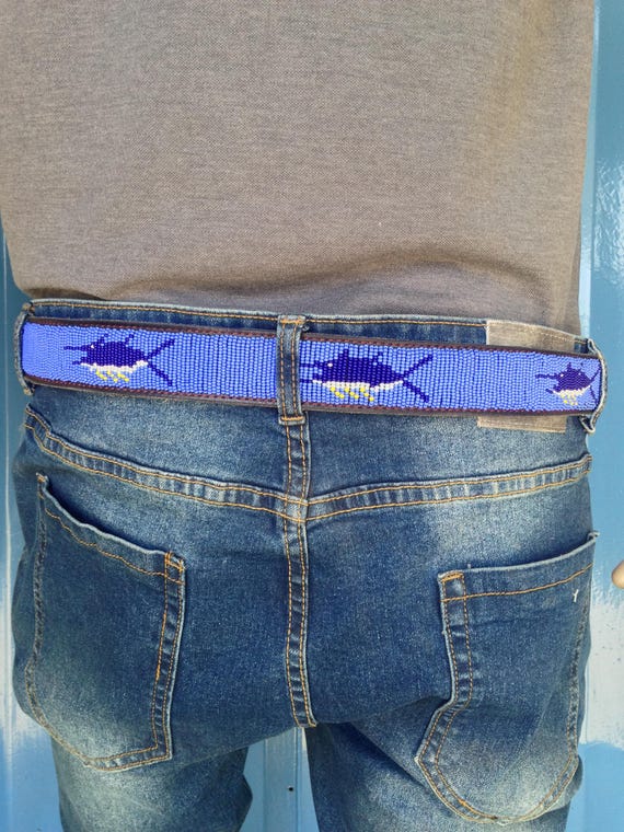 Bush Princess Maasai Dark Teal Blue Beaded Belt Sized 33.5 in - 36.5 in Handmade Maasai Beaded Leather Belt – Teal and Brown Native  main image 2