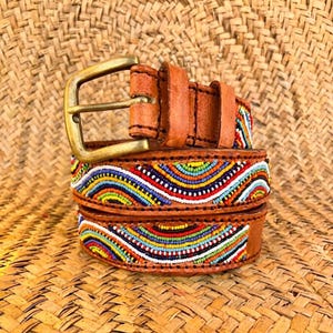 Vintage Handmade Traditional African Beaded Seed Beads Genuine Leather Belt Each beaded leather belt is more than an accessory — it main image 4