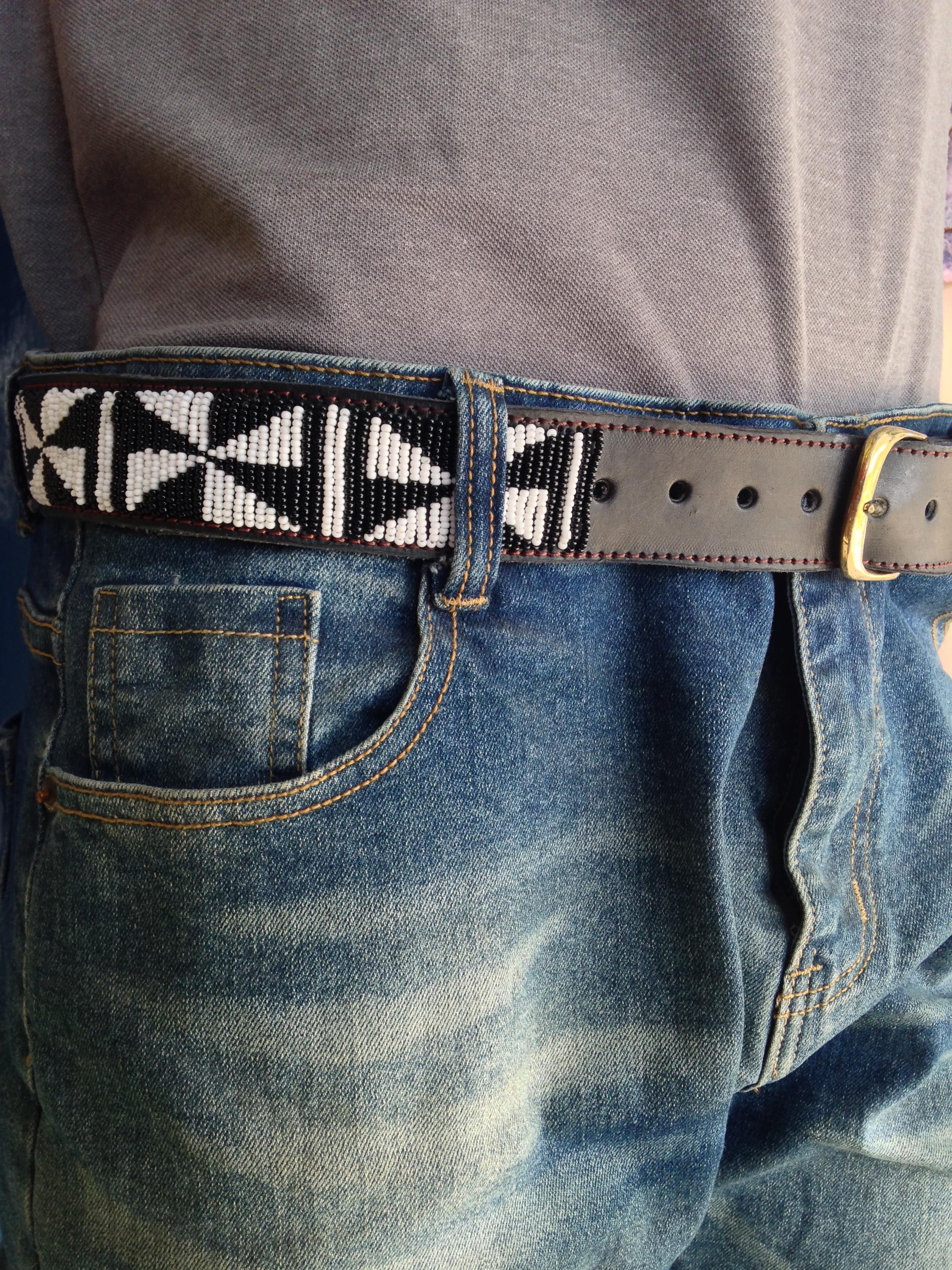 Handmade Maasai Beaded Leather Belt – Black & White 