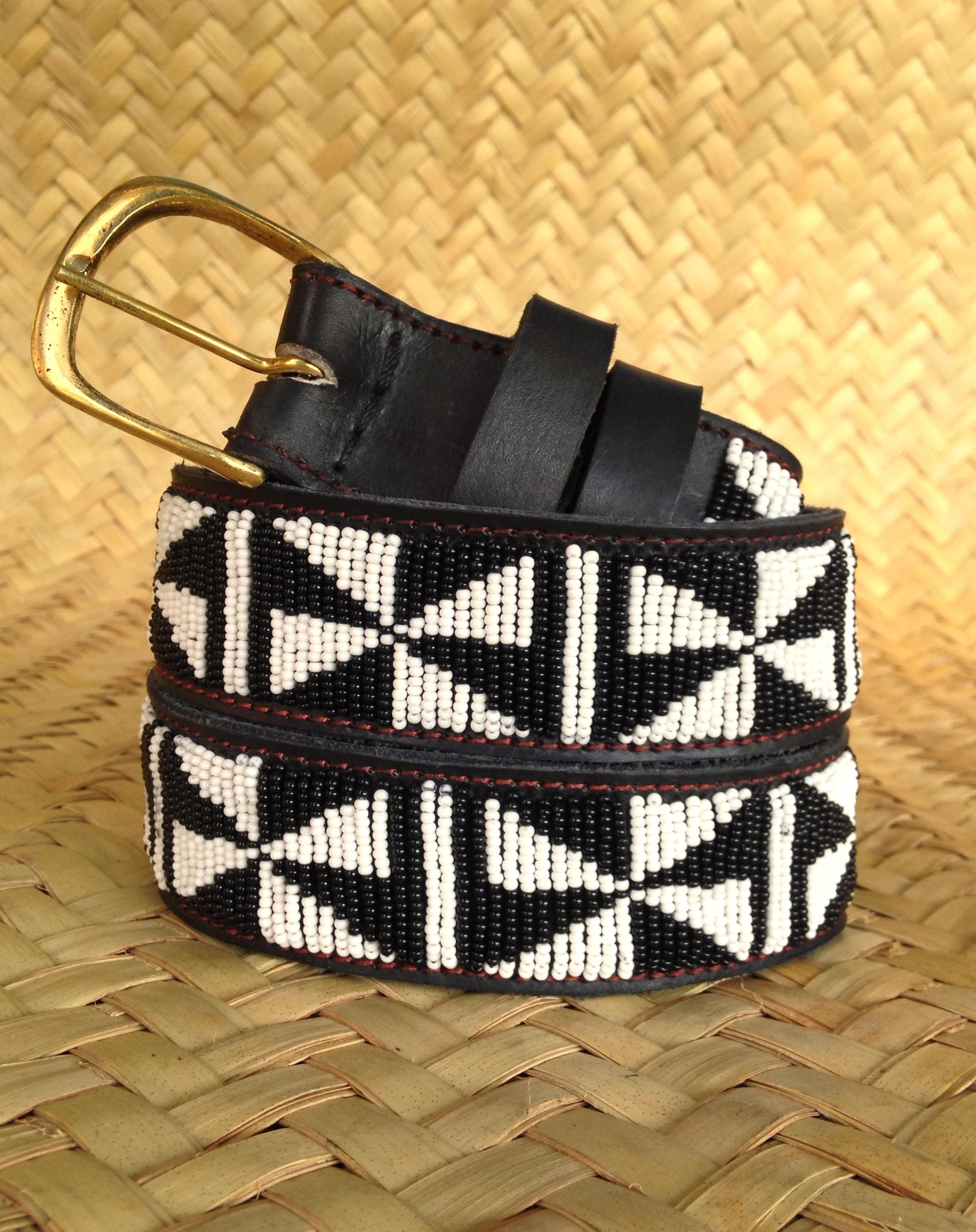 Handmade Maasai Beaded Leather Belt – Black & White 