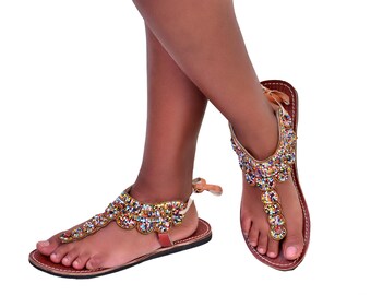 Sandalias de gladiador bohemias con cuentas: pantuflas de cuero masai, hechas a mano en Kenia