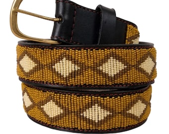 Women\'s brown leather belt features intricate Kenyan-inspired beadwork TURTLES: Handmade Maasai Beaded Leather Belt – African  main image 3