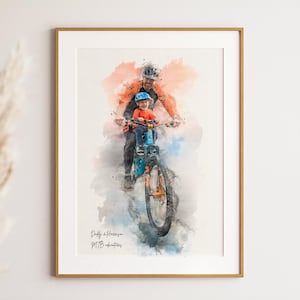 Mountainbiker, gepersonaliseerd portret, aangepast fietsschilderij van foto, fietsposter, cadeau voor vriend, vaderdagcadeau, sportcadeau