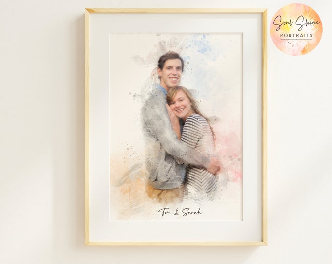 Personalised Couple Portrait from Photo, Boyfriend Girlfriend Anniversary Gift, Engagement Watercolour Painting, Valentines Day Gift for Her