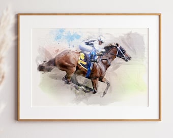 Horse Racing Art Print, Contemporary Watercolor Jockey Portrait