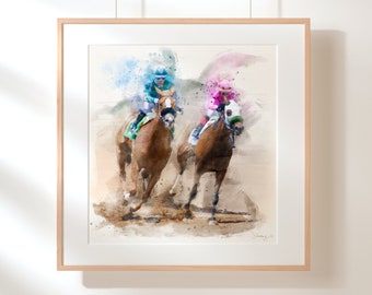 Horse Racing Print, Contemporary Watercolor, Abstract Equestrian Wall Art