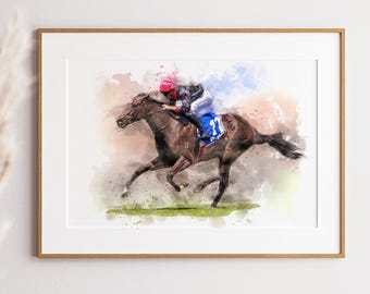 Custom Horse Racing Watercolor Portrait, Jockey Art (Digital File)