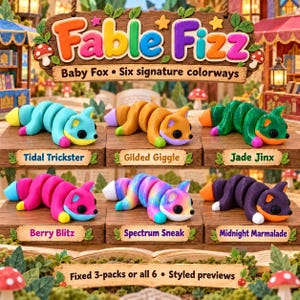 May include: Six articulated baby fox figurines in various colorways labeled Tidal Trickster, Gilded Giggle, Jade Jinx, Berry Blitz, Spectrum Sneak, and Midnight Marmalade, displayed on wooden platforms under a Fable Fizz sign.