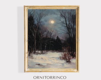 Moonlit Winter Forest • Moody Vintage Landscape Printable • Soft Neutral Nature Wall Art • Atmospheric Snow Scene • Digital Download 258