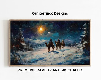 May include: A painting of three figures riding camels through a snowy landscape under a starry night sky. A bright star shines in the distance.