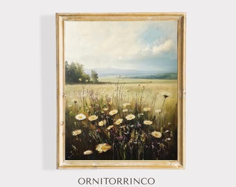 Paesaggio di prato fiorito • Arte murale floreale vintage stampabile • Decorazione naturale in stile cottage • Arte pastorale leggera • Download digitale 255