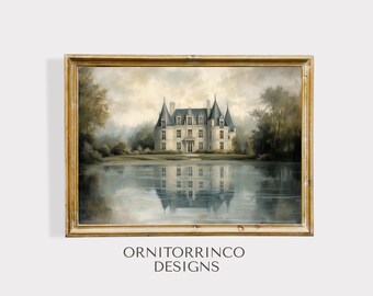Schloss am See • Vintage Kunst eines französischen Herrenhauses • Stimmungsvolle Landschaft zum Ausdrucken • Elegante europäische Wanddekoration • Digitaler Download 229