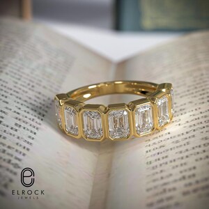 Half Eternity Wedding Band, 3.75 ctw 14k Gold Bezel Setting Seven Stone Emerald Cut Lab Grown Diamond Wedding Ring, Unique Stacking, Gift