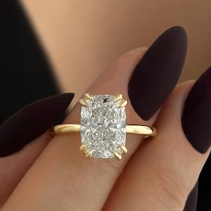 4 Carat Lab Diamond Ring / 4 CT Elongated Cushion Diamond / Elongated Cushion Cut Engagement Ring / 14k Yellow Gold / Thin Engagement Ring