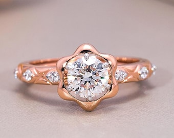 Zierlicher runder, im Labor gewachsener Diamant Versprechensring, Diamant in Klauen Zacken gefasst, Diamant Verlobungsring für Frauen, Ring in Gelb, Weiß, Roségold
