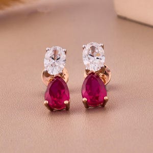 14K Gold Diamond Ruby Earrings | Teardrop Ruby Stud Earrings | Diamond Earrings for Women | July Birthstone Earrings | Gift for Mom