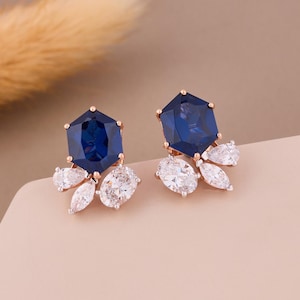14K Gold Blue Sapphire Earrings, Sapphire Diamond Earrings, Lab Grown Diamond Sapphire Hexagon Stud Earrings, September Birthstone Earrings