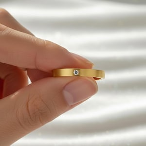 Solo Diamond Wedding Band Ring, Flat Matching Ring Women, Bezel Classic Wedding Ring, Tiny Diamond Anniversary Ring in 14k Solid Gold