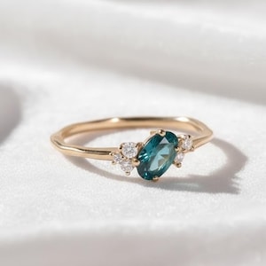 Blue Sapphire Engagement Ring, Oval Teal Sapphire Ring, Sapphire Cluster Ring, Six Stone Ring, Birthstone Gift Ring, Yellow Gold Ring