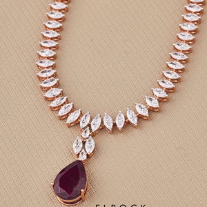 Tennis Necklace, Marquise Cut Diamond Choker Necklace, Wedding Necklace, Bridal Necklace, Gift for Her, Layering Necklace, Ruby Necklace Set