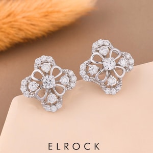 Diamond Stud Earrings | Diamond Clover Studs | 14K Gold Floral Studs | Minimalist Tiny Clover Stud Earrings | Flower Shaped Diamond Earrings