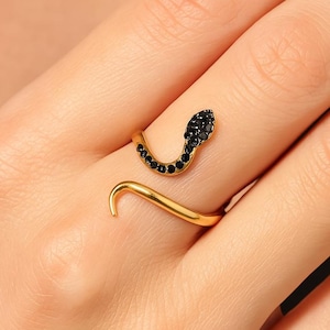 14k Gold Snake Ring / Snake Ring with Black Diamond  / Statement Rings for Women / Dainty Serpent Ring / Wraparound Snake Ring Hers