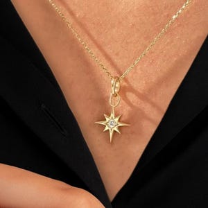 Diamond North Star Necklace 14k Solid Gold Celestial Pendant Dainty Womens Compass Jewelry Gift