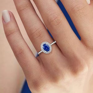 Oval Lab Created Sapphire 14k Solid Gold Engagement Rings For Women Blue Gemstone Ring Princess Diana Ring September Birthstone Promise Ring