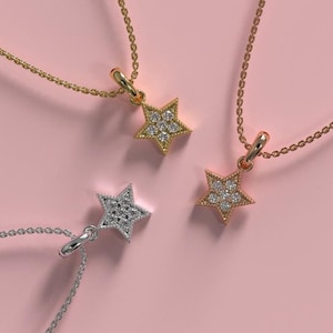 14k Solid Gold Diamond Star Necklace  Delicate Tiny Star Charm Choker in Yellow, White & Rose Gold