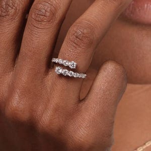14K Round Diamond Cuff Ring, Graduating Diamond Ring, Gold Open Cuff Band, Unique Diamond Statement Ring, Crossover Diamond Promise Ring