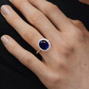 Oval Sapphire Ring Lab Grown Diamond Halo in 14K Solid Gold , Large Blue Sapphire Cocktail Ring September Birthday Gift Something Blue