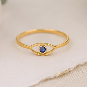 Pierścień Evil Eye | Delikatna biżuteria Evil Eye z szafirem | Minimalistyczny pierścień ze złota 14K | Delikatny pierścień na szczęście | Malutki pierścień ochronny | Prezent dla niej
