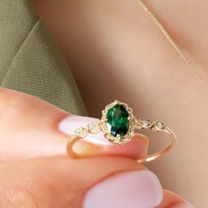 Emerald Ring, Halo Birthstone Jewelry Engagement Band | 14K Solid Gold | Green Gemstone with Diamond | Oval Emerald Band