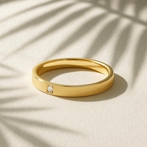 Solo Diamond Wedding Band Ring, Flat Matching Ring Women, Bezel Classic Wedding Ring, Tiny Diamond Anniversary Ring in 14k Solid Gold