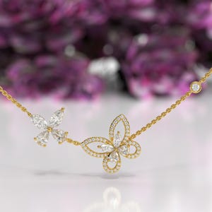 Simple and Elegant Butterfly Necklace with Lab Grown Diamond,  Butterfly Cluster Necklace, Yellow Gold- Diamond Necklace