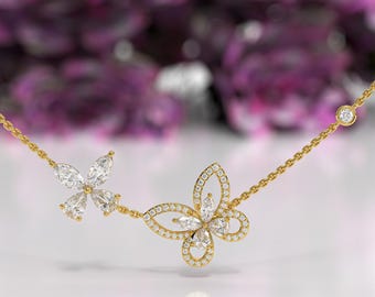 Simple and Elegant Butterfly Necklace with Lab Grown Diamond,  Butterfly Cluster Necklace, Yellow Gold- Diamond Necklace