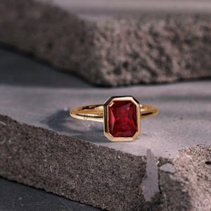 Emerald Cut Lab Created Ruby Solitaire Ring Yellow Gold Minimalist Ring Statement Art Deco Jewelry July Birthstone Anniversary Gift for Her