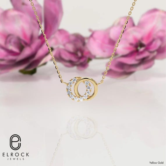 14K Solid Gold Diamond Intertwined Circle Necklace Double Circle