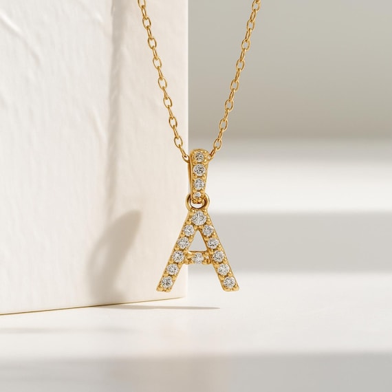 14K Gold Diamond Initial Necklace, Letter Pendant With Ct Lab